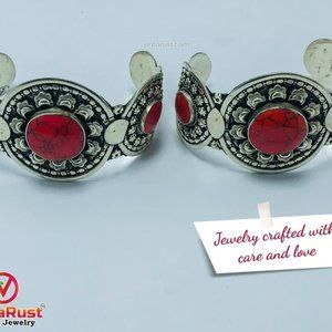 Single Afghan Coral Stone Cuff Bracelet: Antique Kuchi Tribal Jewelry